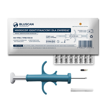 Mikroczip / Czip RFID Bluscan 8mm Mini dla Kota i Małego Psa (<5kg) – 1 szt. z Aplikatorem